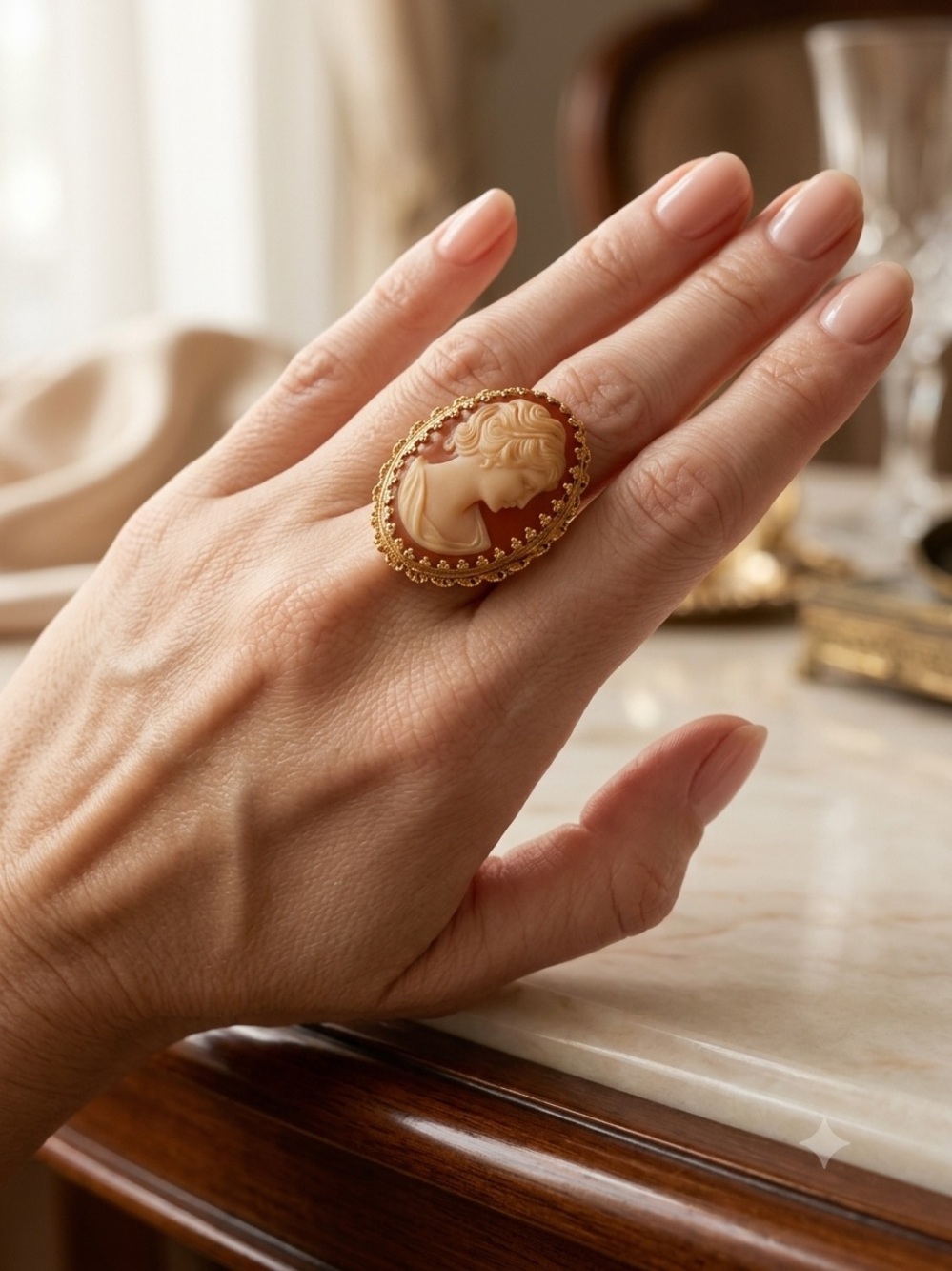 Vintage Classic Cameo Gold-Tone Oval Statement Ring - Cream and Gold